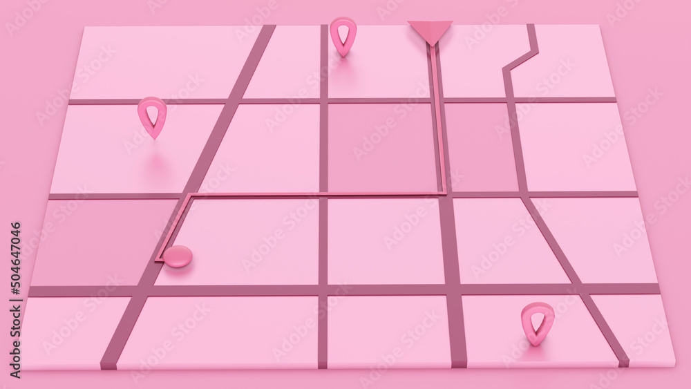 Fototapete minimal style pink gps map navigator. tracking concept. arrow and markers on a map. 3d rendering
