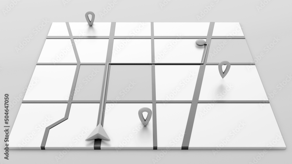 Poster minimal style black and white gps map navigator. tracking concept. arrow and markers on a map. 3d re