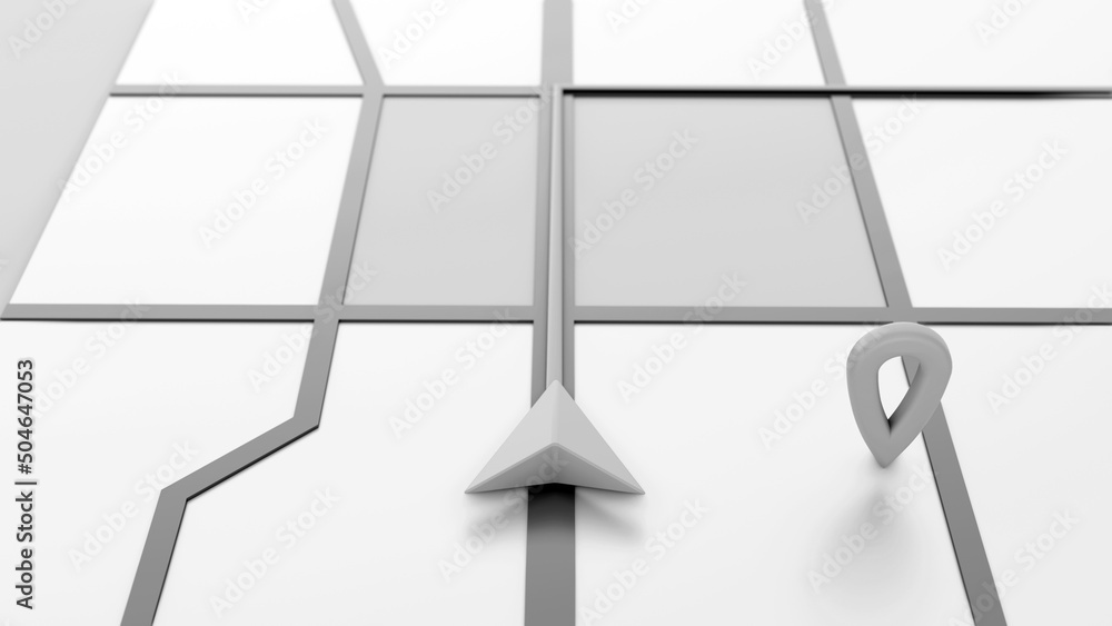 Poster minimal style black and white gps map navigator. tracking concept. arrow and markers on a map. 3d re