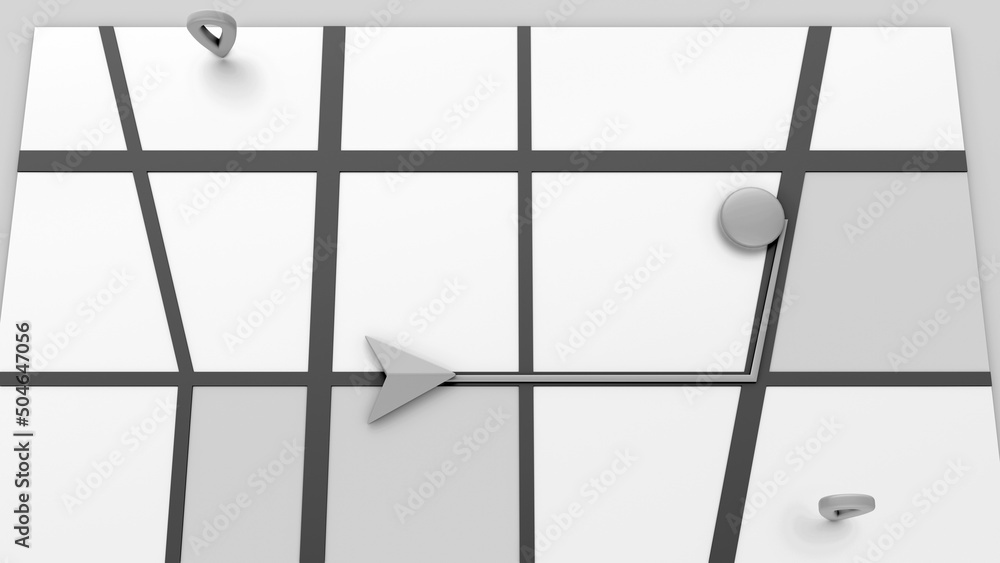 Poster minimal style black and white gps map navigator. tracking concept. arrow and markers on a map. 3d re