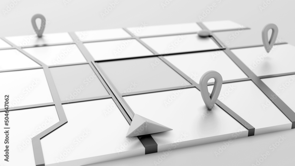Poster minimal style black and white gps map navigator. tracking concept. arrow and markers on a map. 3d re