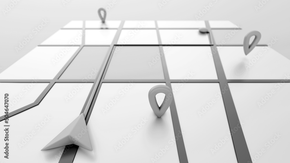 Poster minimal style black and white gps map navigator. tracking concept. arrow and markers on a map. 3d re