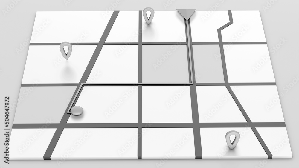 Poster minimal style black and white gps map navigator. tracking concept. arrow and markers on a map. 3d re