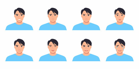 Young Asian man avatar set.Different emotions. Cartoon vector illustration.