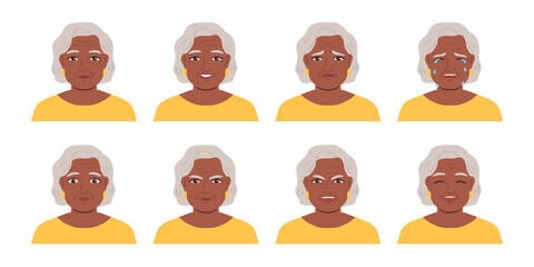 Elderly woman avatar set.Different emotions. Dark-skinned character.Cartoon vector illustration.