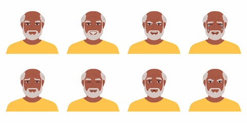 Elderly man avatar set.Different emotions. Dark-skinned character.Cartoon vector illustration.