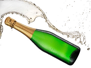 Full green champagne bottle with splash on white background - 504648662