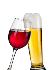 Lager beer and red wine glasses toast, close up - 504648684