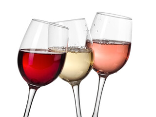 Red, white and rose wine glasses on white background - 504648694