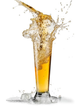 Full lager beer glass splash on white background