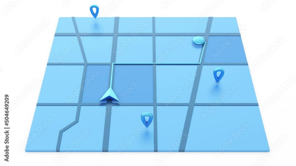 Poster gps map navigator. tracking concept. moving yellow arrow and markers on a map. 4k video 3d rendering