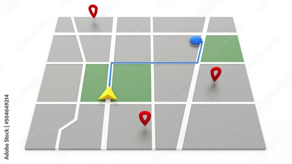 Poster gps map navigator. tracking concept. moving yellow arrow and markers on a map. 4k video 3d rendering