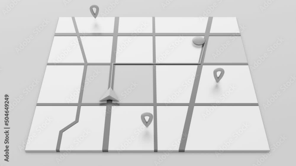 Poster gps map navigator. tracking concept. moving yellow arrow and markers on a map. 4k video 3d rendering