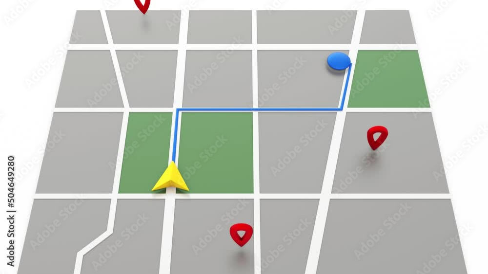 Poster gps map navigator. tracking concept. moving yellow arrow and markers on a map. 4k video 3d rendering