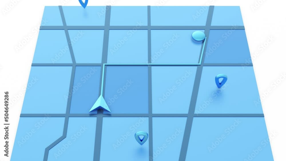 Poster gps map navigator. tracking concept. moving yellow arrow and markers on a map. 4k video 3d rendering