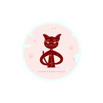 Vector brown cat pet with glasses and holding a flower in paws, hands, located on circle abstract background decorated by circles and triangles, text. Happy birthday card imaging smiling kitten.
