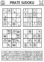 Black and white vector pirate sudoku puzzle for kids with pictures. Simple line treasure island quiz with answer. Education activity or coloring page. Draw missing objects.