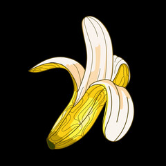 Open banana abstract art drawing on a black background. Half peeled banana vector illustration.Healthy sweet fruit food.Great design for emblem,print,poster and more