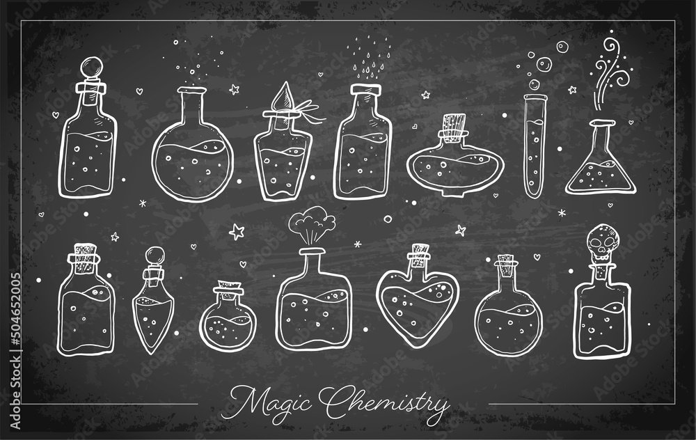 Wall mural Doodles with pharmaceutical flasks, beakers and test tubes on blackboard background. Sketches of chemical laboratory objects with magic potion. Vector illustration.