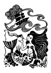 mermaid, vector illustration black and white