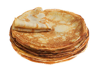 Stack of delicious crepes on white background
