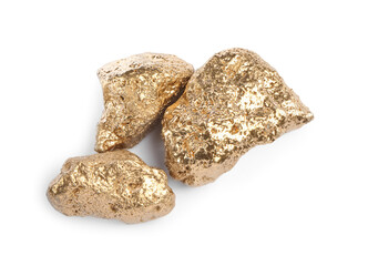 Gold nuggets on white background, top view