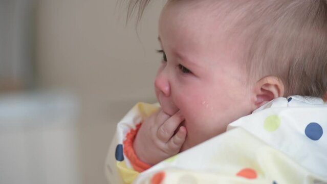 A close-up shot of an infant 7-month caucasian girl who is coughing during lunch