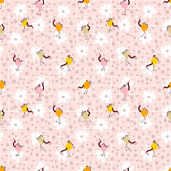 Seamless pattern with cranes on grid background with flowers and drops. Hippie aesthetic print for fabric, paper, T-shirt. Groovy illustration for decor and design.