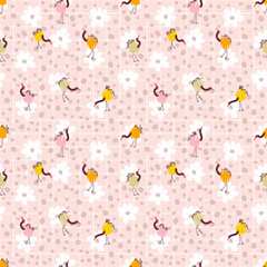 Seamless pattern with cranes on grid background with flowers and drops. Hippie aesthetic print for fabric, paper, T-shirt. Groovy illustration for decor and design.