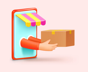 3d render Online Shop with delivery. Courier delivers a parcel from a phone in the form of hands holding a box. Home delivery of food or groceries. Isolated 3d vector illustration
