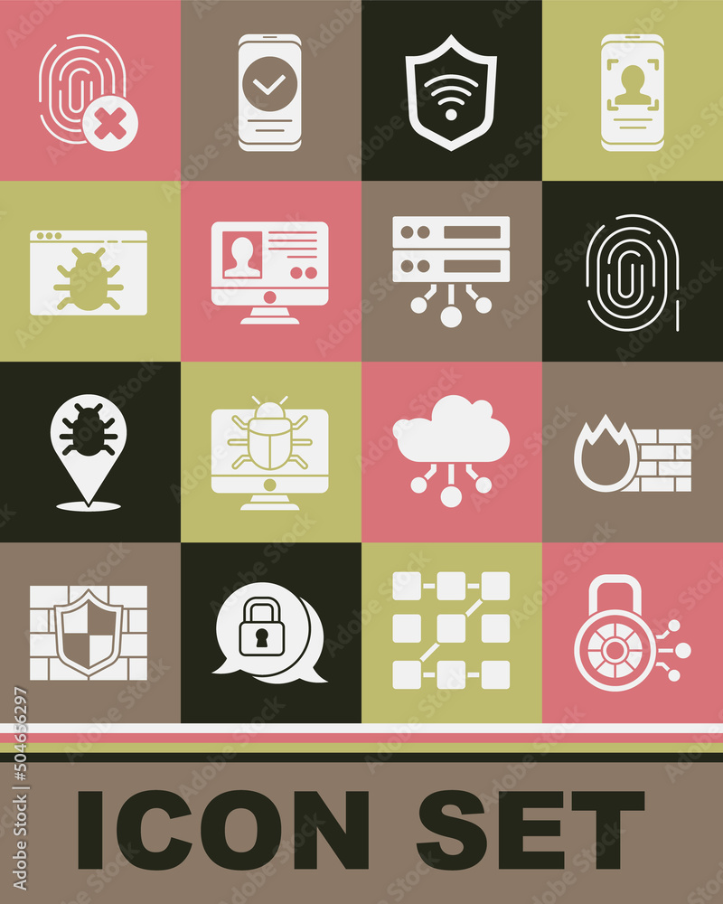 Poster set cyber security, firewall, wall, fingerprint, shield with wifi wireless, create account screen, s