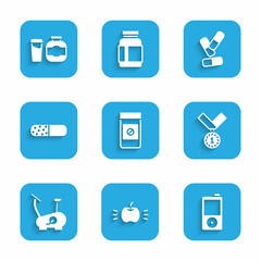 Set Anabolic drugs, Apple, Music player, Medal, Stationary bicycle, Vitamin pill, and Sports nutrition icon. Vector