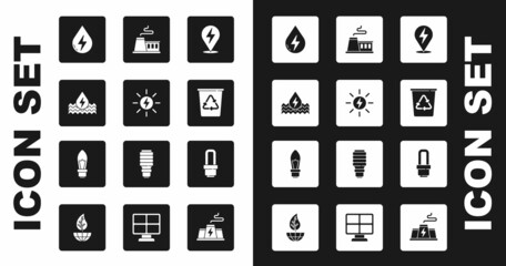 Set Lightning bolt, Solar energy panel, Water, Recycle bin with recycle, Factory, LED light bulb and icon. Vector