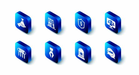 Set Office folders, Justice law in shield, Scales of justice, Law, Flasher siren, Fountain pen nib, pillar and Bribe money bag icon. Vector