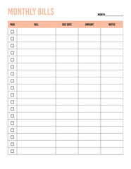 Monthly Bills Tracker checklist printable