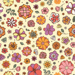 Psychedelic flower power seamless repeat pattern. Random placed, hand drawn, vector retro floral all over surface print.