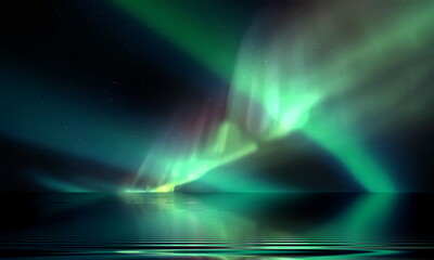 green blue Aurora Borealis on starry sky northern sea wave reflection nature nebula cosmic starry...