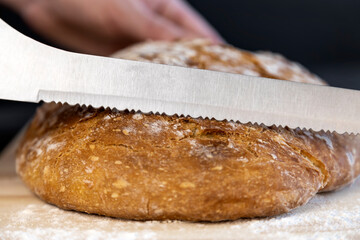 Fresh bread on the kitchen table, the chef slices white bread. The concept of healthy eating. Baking bread.