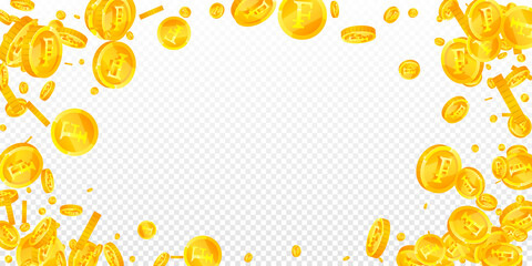 Swiss franc coins falling. Lively scattered CHF coins. Switzerland money. Delightful jackpot, wealth or success concept. Vector illustration.