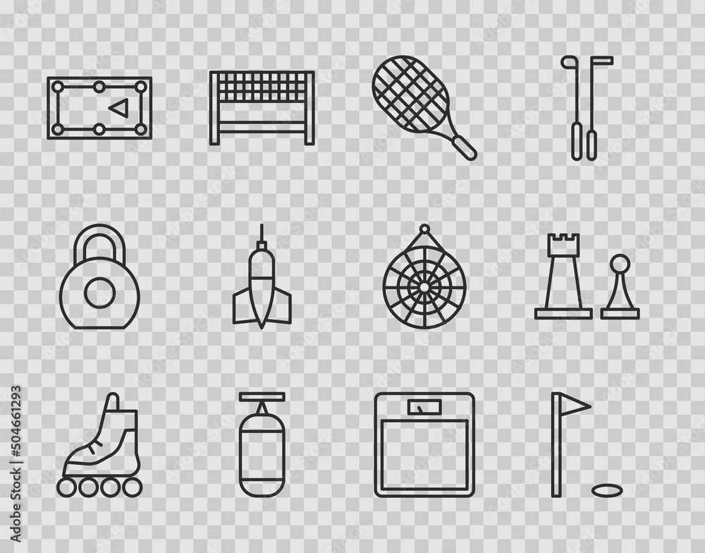 Sticker Set line Roller skate, Golf flag, Tennis racket, Punching bag, Billiard table, Dart arrow, Bathroom scales and Chess icon. Vector