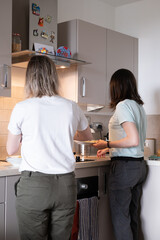 Two lesbian women cooking food in the kitchen at home