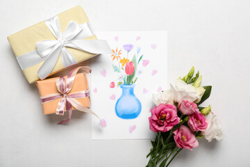 Picture with flowers and gift boxes on white background. Mother's Day celebration