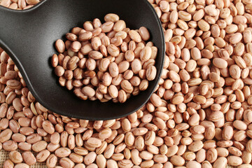 Pinto beans in a ladle on brazilian grains background.