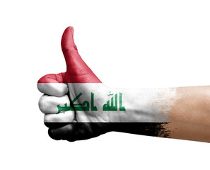 Hand making thumb up painted with flag of iraq