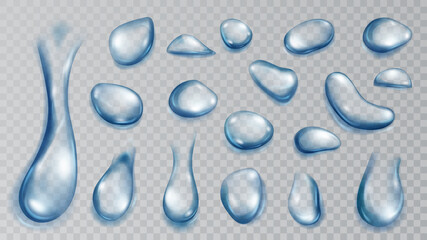 Set of realistic translucent water drops in blue colors in various shape and size, isolated on transparent background. Transparency only in vector format