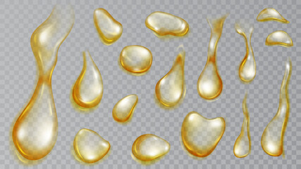 Set of realistic translucent water drops in yellow colors in various shape and size, isolated on transparent background. Transparency only in vector format