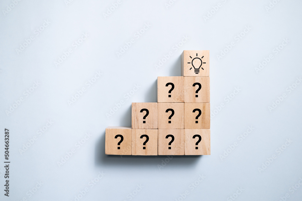 Poster Top view wooden blocks set to step from question to idea. Concept for creative and design solution.