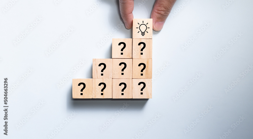 Poster Top view wooden blocks set to step from question to idea. Concept for creative and design solution.