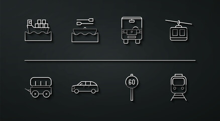 Set line Cargo ship with boxes, Wild west covered wagon, Cable car, Speed limit traffic, Hatchback, Boat oars, Train and railway and Bus icon. Vector