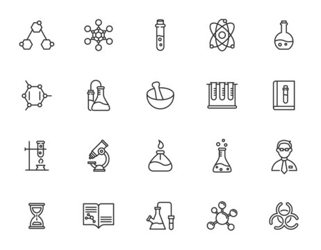 Chemistry science laboratory line icon. Vector lab atom research outline medical chemistry symbol set
